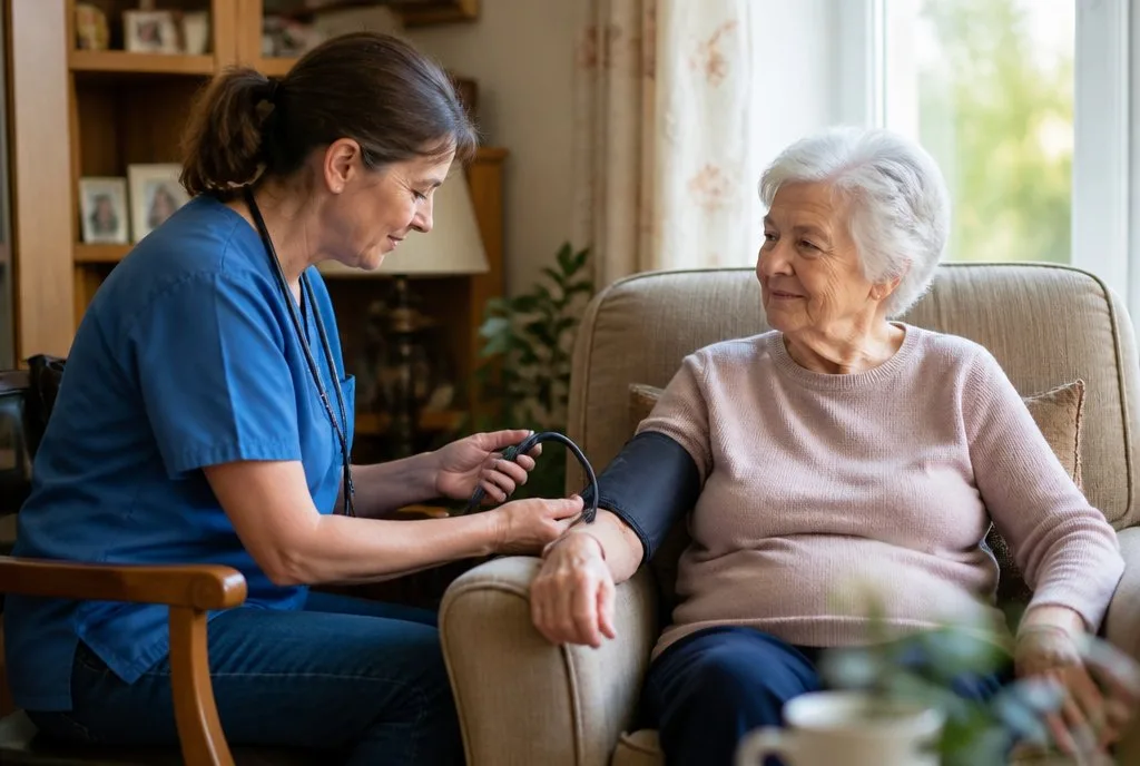 Pflege Pflegekraft misst Blutdruck im Wohnzimmer