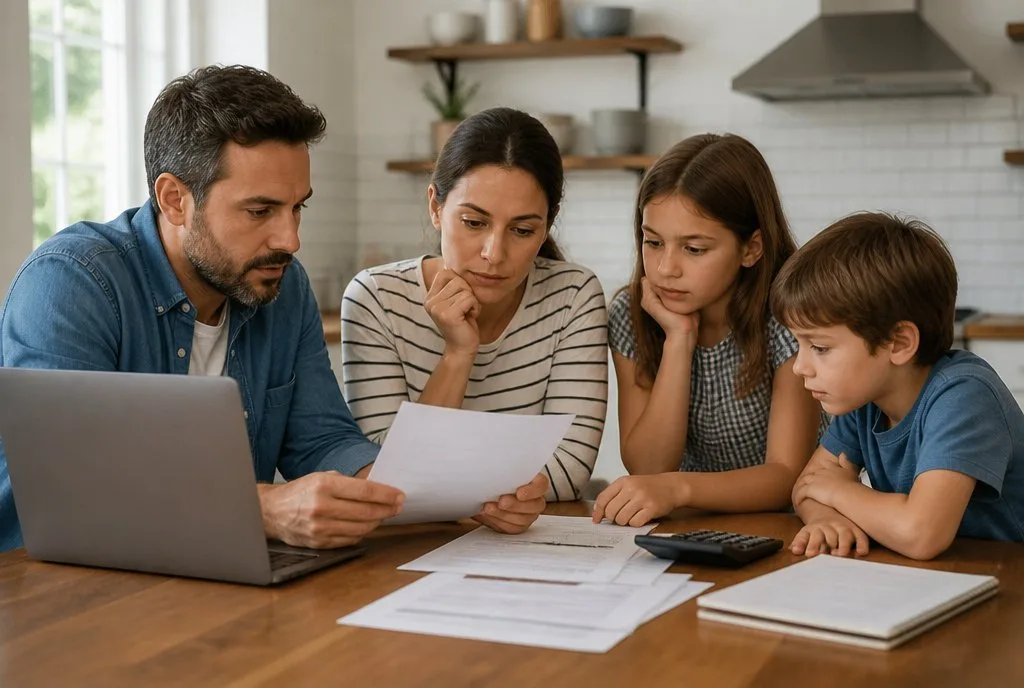 Reform Familie prueft Versicherungsunterlagen