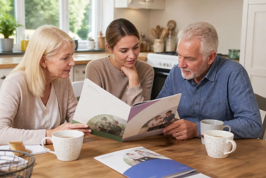 Vergleich Familie vergleicht Unterlagen von Pflegediensten